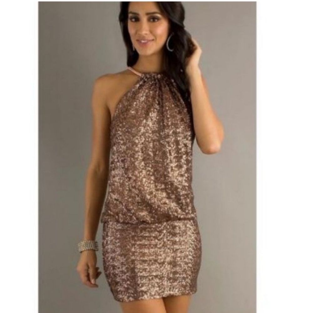 Laundry by Shelli Segal Sexy bronze sequin halter dress w/ rose gold collar sz4